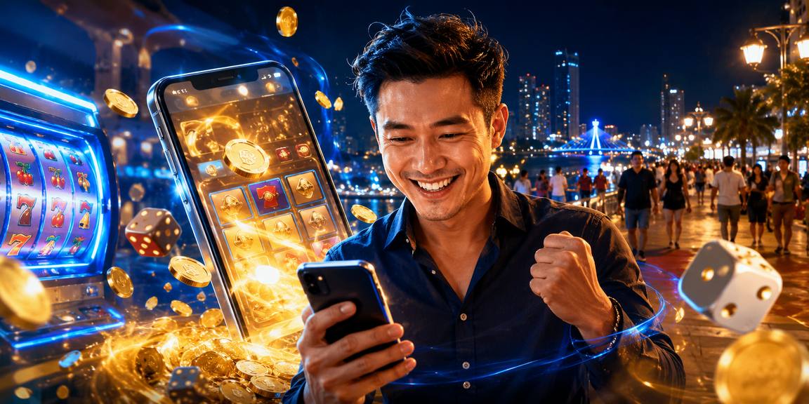Màn hình game slot neon rực rỡ tại không gian giải trí ban đêm ở Đà Nẵng
