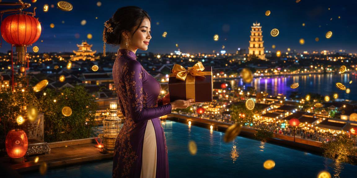 Người phụ nữ Việt Nam trong trang phục áo dài trải nghiệm slot game tại Hội An