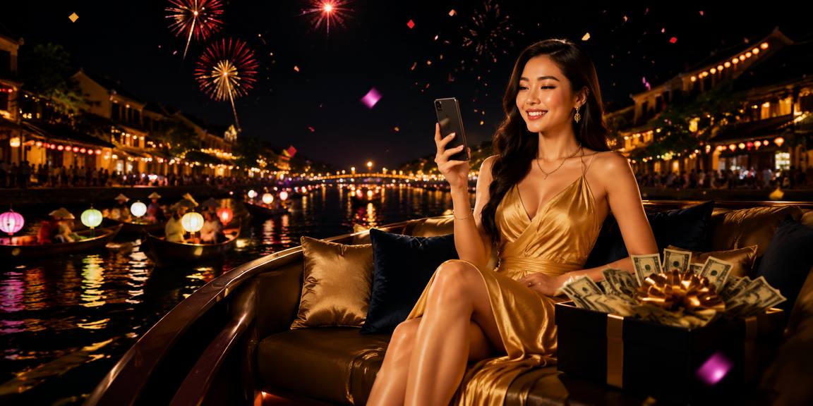 Màn hình slot game rực rỡ giữa khung cảnh đèn lồng Hội An về đêm